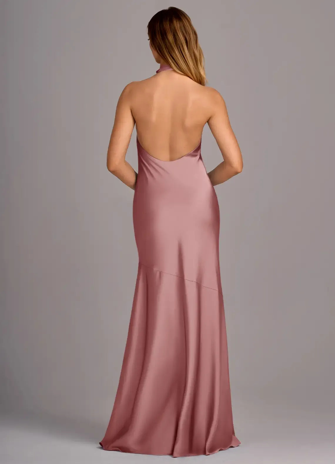 Dusty Pink Halter Wrap Deep Open Back High Slit Floor Length Mermaid Satin Bridesmaid Dress