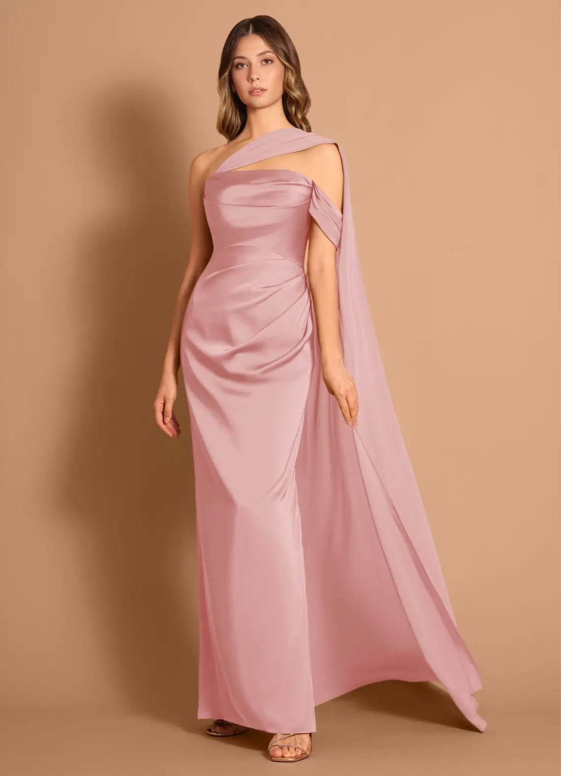 Dusty Pink One Shoulder Cutout Cape Drape Ruched Mermaid Maxi Satin Wedding Guest Dress