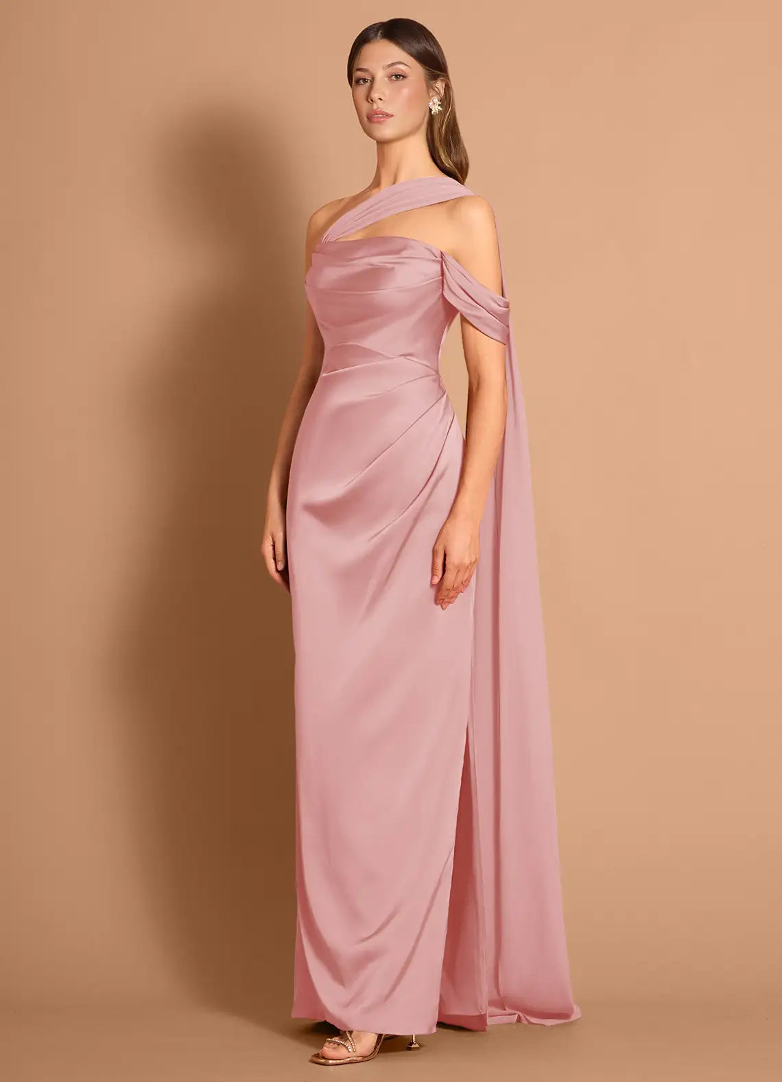 Dusty Pink One Shoulder Cutout Cape Drape Ruched Mermaid Maxi Satin Wedding Guest Dress
