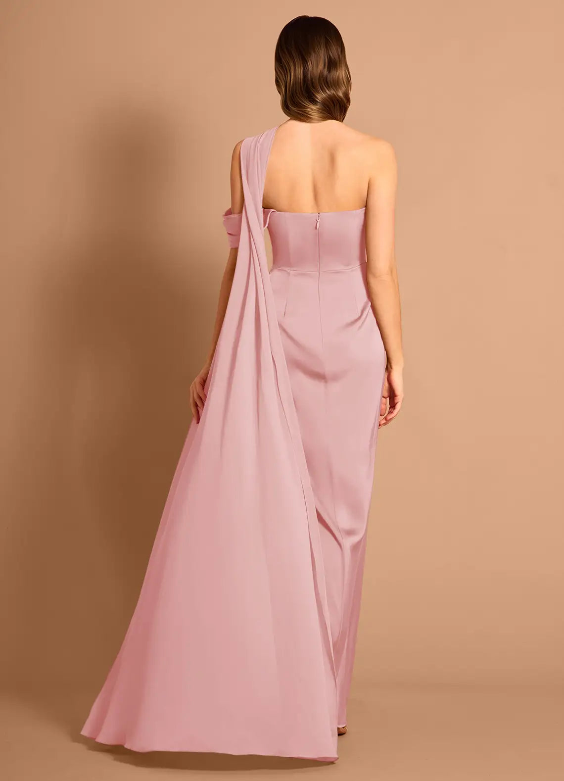 Dusty Pink One Shoulder Cutout Cape Drape Ruched Mermaid Maxi Satin Wedding Guest Dress