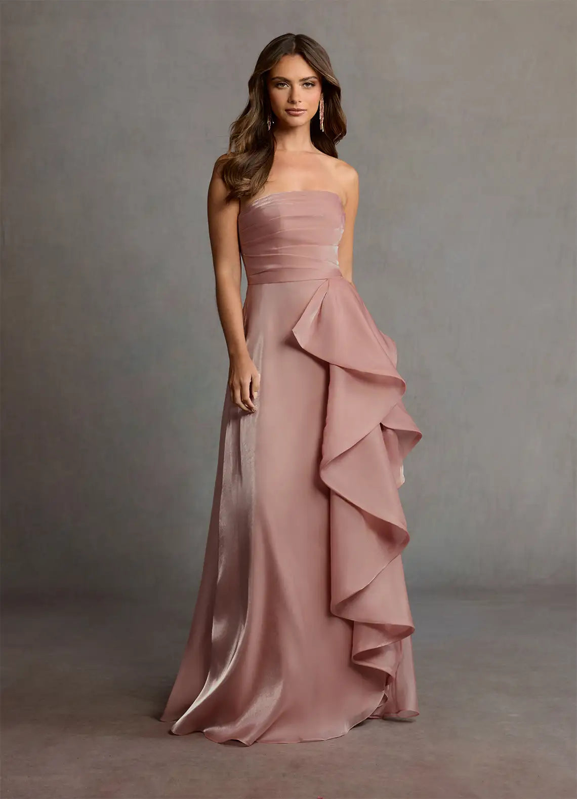 Dusty Pink Strapless Ruched Cascading Ruffle Slit Satin Maxi Wedding Guest Dress