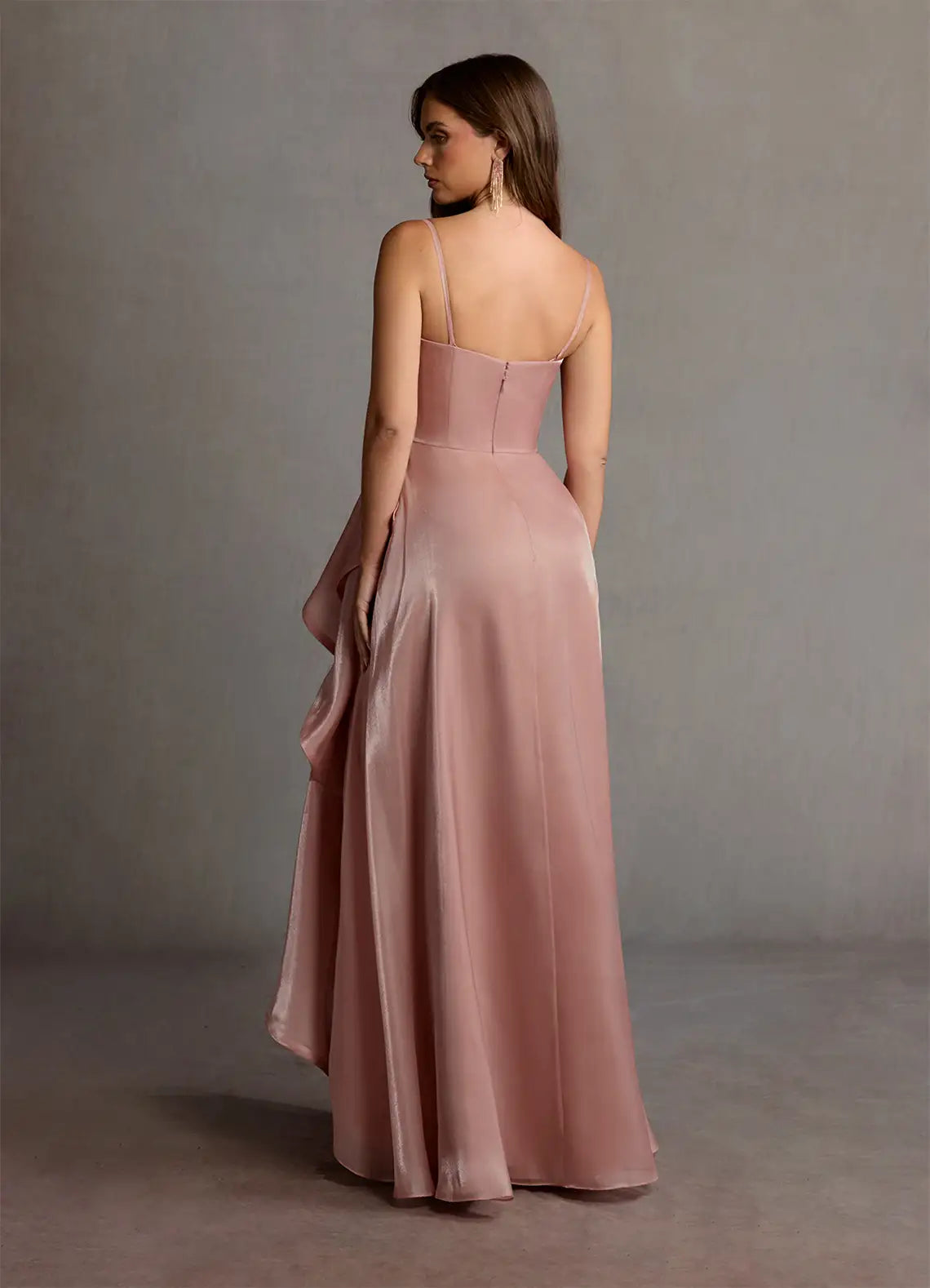 Dusty Pink Strapless Ruched Cascading Ruffle Slit Satin Maxi Wedding Guest Dress