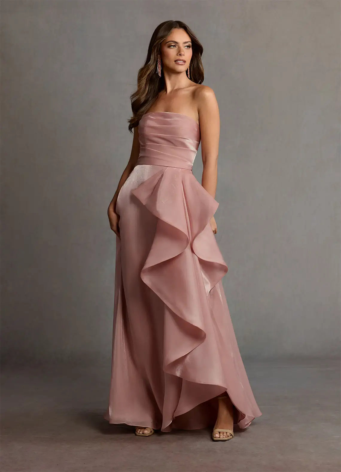 Dusty Pink Strapless Ruched Cascading Ruffle Slit Satin Maxi Wedding Guest Dress