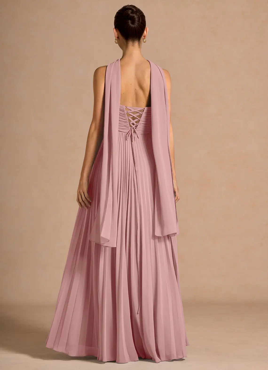 Dusty Pink Strapless Twist Bust Long Scarf Pleated Chiffon Maxi Bridesmaid Dress