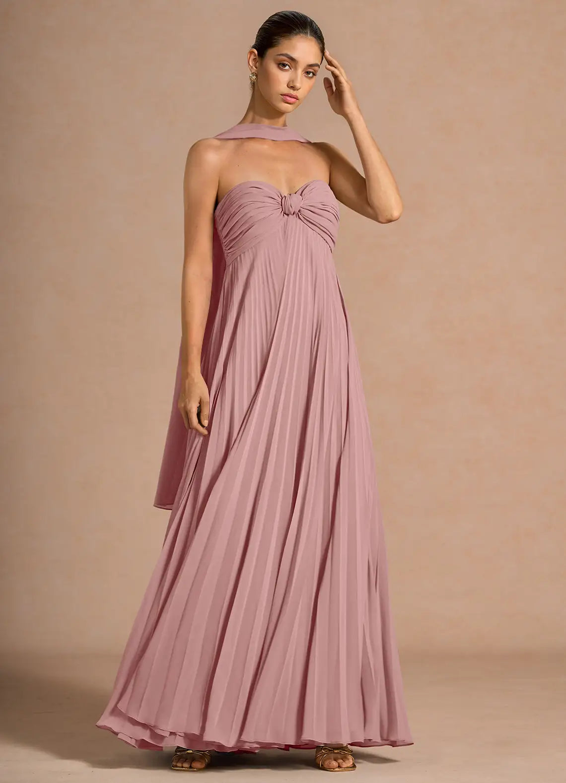 Dusty Pink Strapless Twist Bust Long Scarf Pleated Chiffon Maxi Bridesmaid Dress