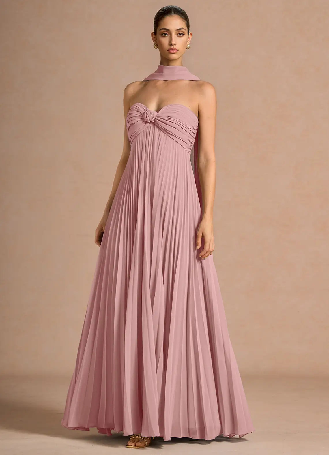 Dusty Pink Strapless Twist Bust Long Scarf Pleated Chiffon Maxi Bridesmaid Dress