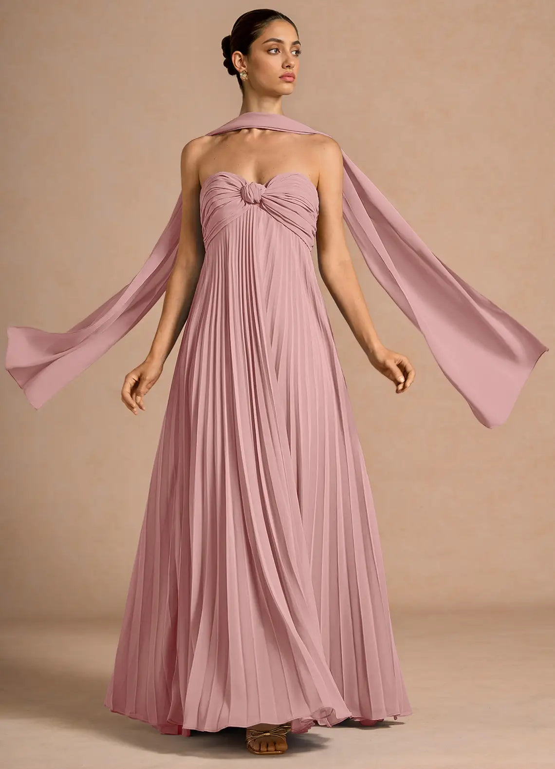 Dusty Pink Strapless Twist Bust Long Scarf Pleated Chiffon Maxi Bridesmaid Dress
