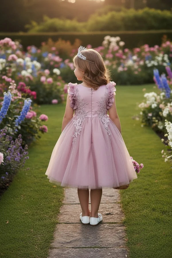 Dusty Pink Tulle A Line Round Neck Sleeveless Floral Ruffle Shoulder Plain Back Knee Length Flower Girl Dress