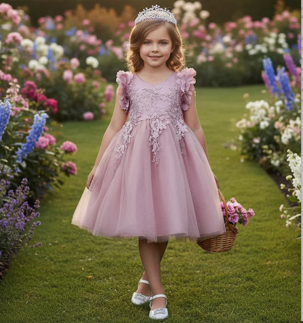 Dusty Pink Tulle A Line Round Neck Sleeveless Floral Ruffle Shoulder Plain Back Knee Length Flower Girl Dress