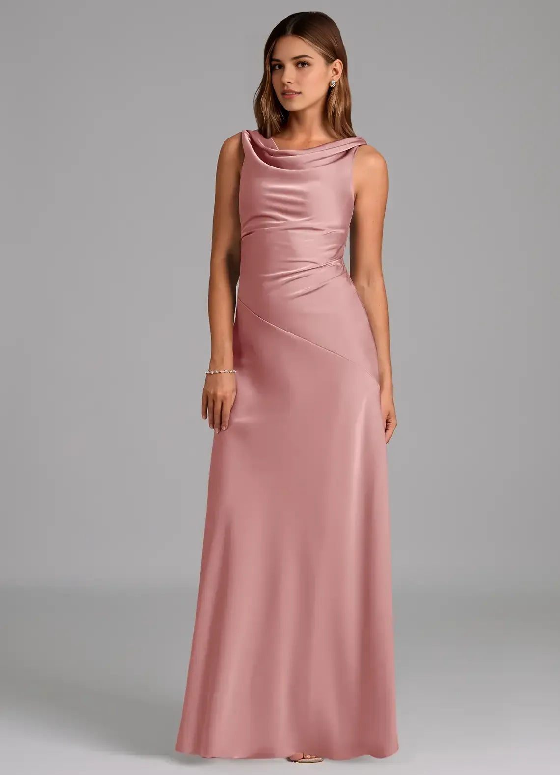 Dusty Rose Cowl Neck Sleeveless Diagonal Ruched Open Back Floor Length Column Satin Bridesmaid Dress