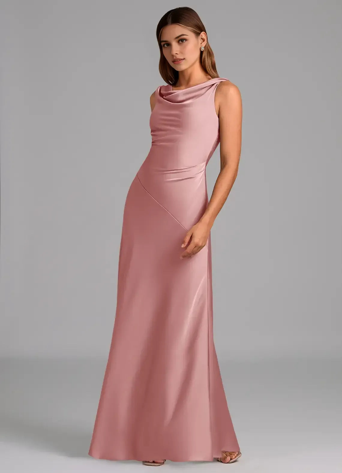 Dusty Rose Cowl Neck Sleeveless Diagonal Ruched Open Back Floor Length Column Satin Bridesmaid Dress