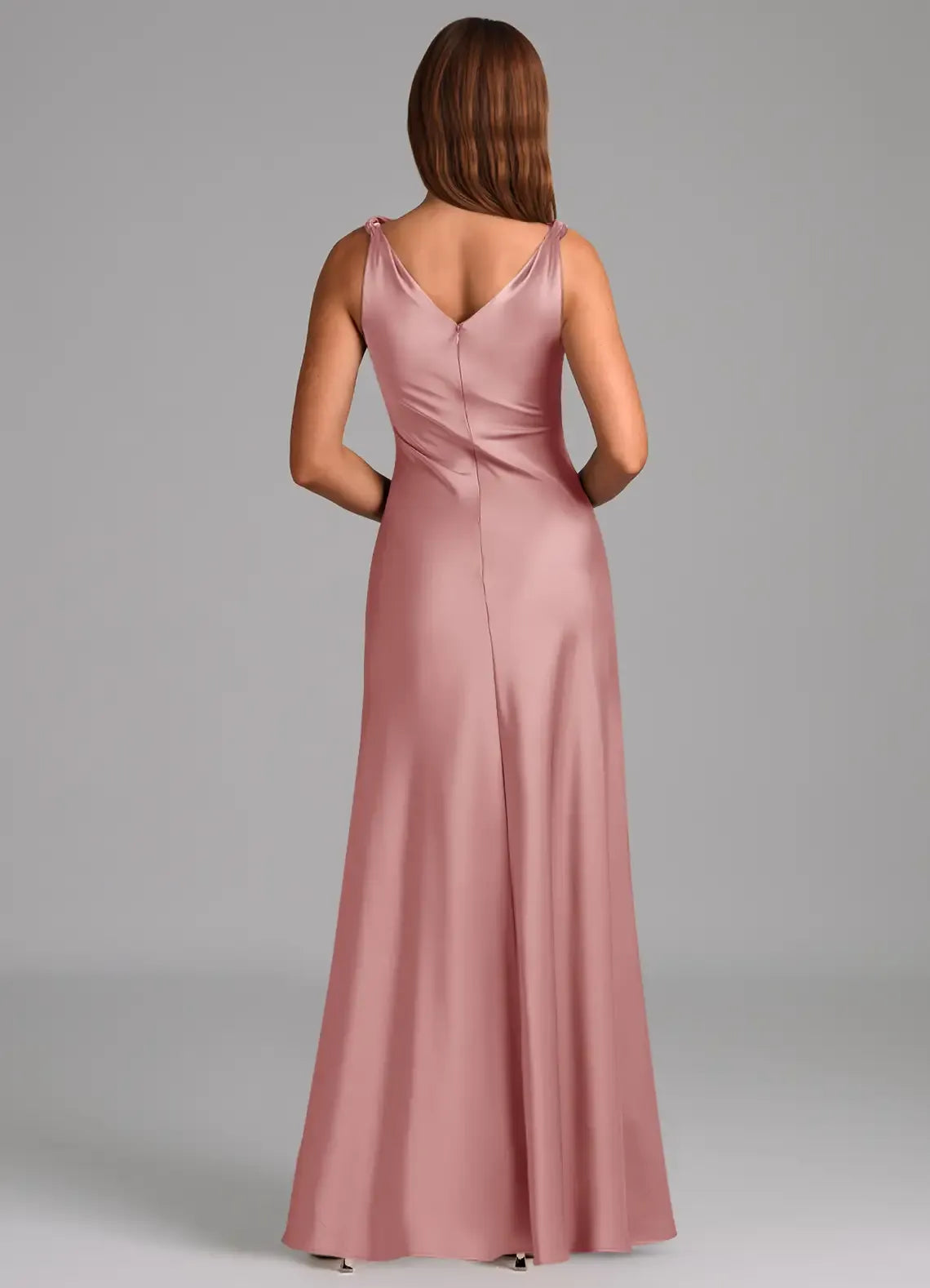 Dusty Rose Cowl Neck Sleeveless Diagonal Ruched Open Back Floor Length Column Satin Bridesmaid Dress