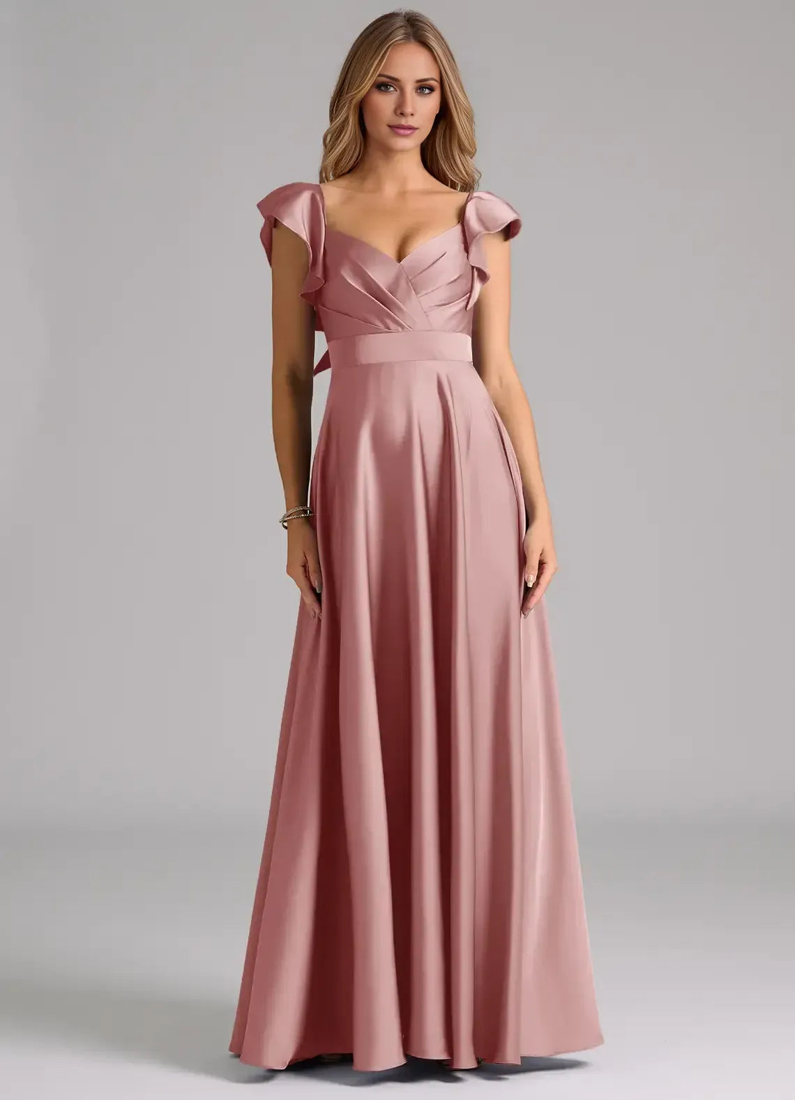 Dusty Rose Flutter Sleeve Pleated V Neck Open Back Floor Length A Line Satin Bridesmaid Dress
