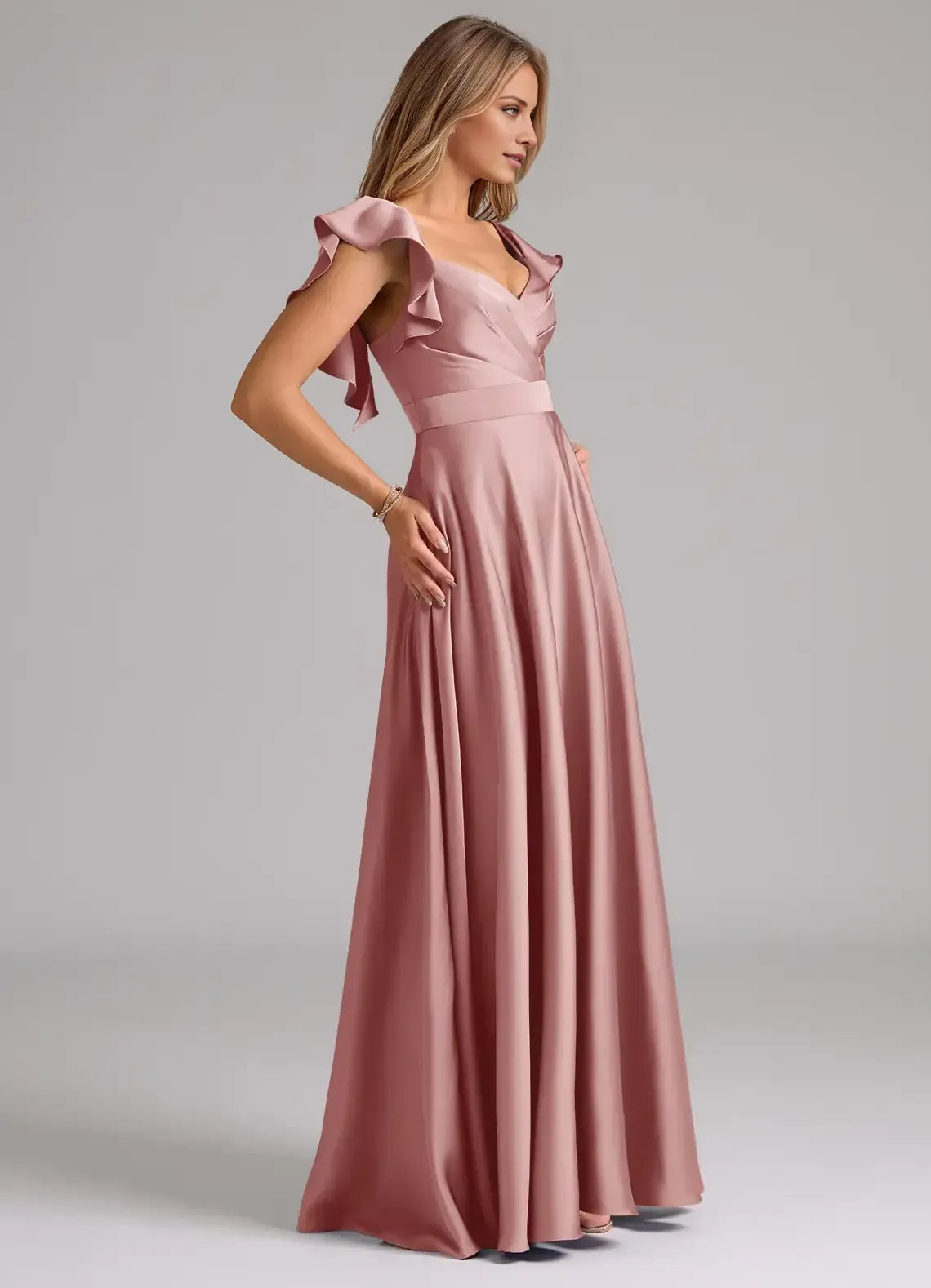 Dusty Rose Flutter Sleeve Pleated V Neck Open Back Floor Length A Line Satin Bridesmaid Dress