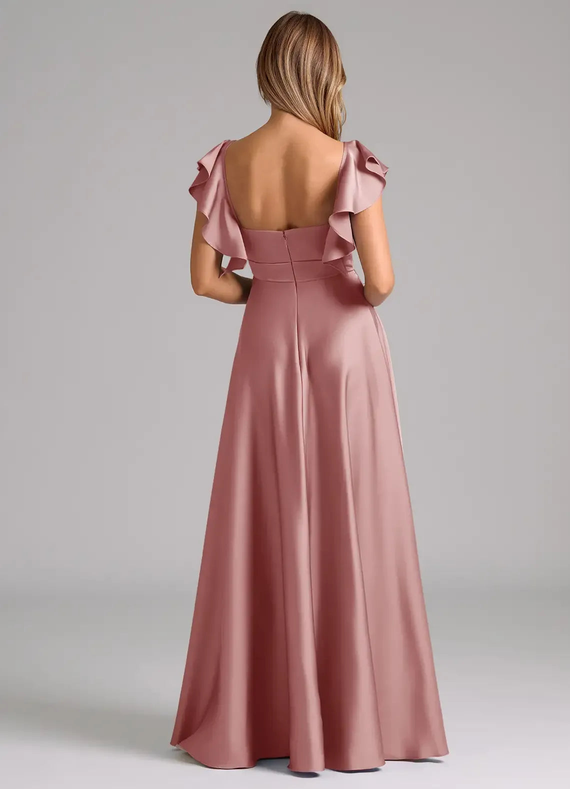 Dusty Rose Flutter Sleeve Pleated V Neck Open Back Floor Length A Line Satin Bridesmaid Dress