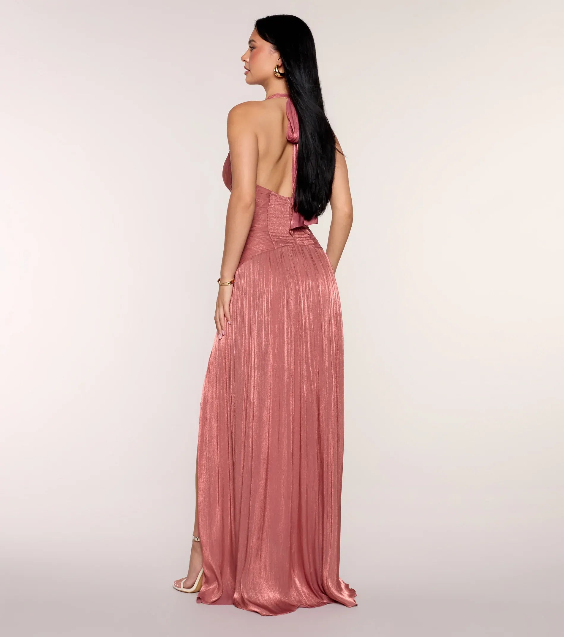 Dusty Rose Metallic Pleated Halter Deep V Tie Back High Slit A Line Floor Length Wedding Guest Dresses