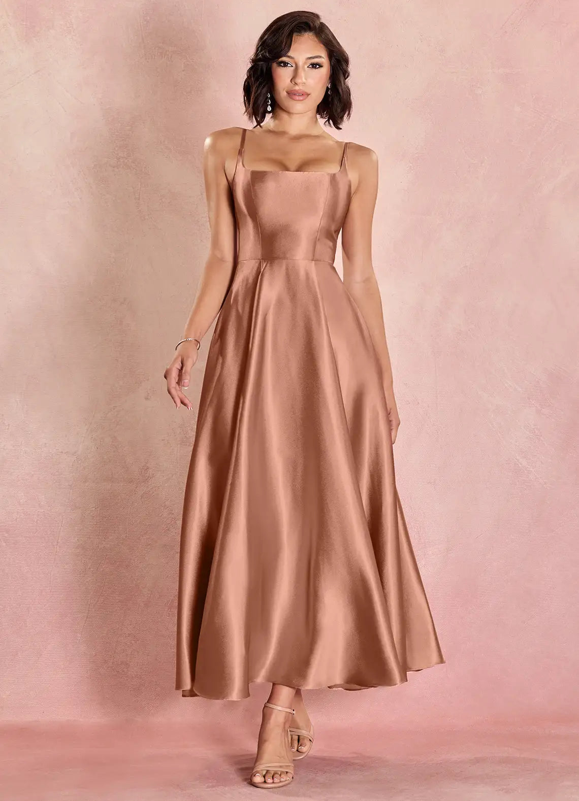 Dusty Rose Midi Spaghetti Strap Square Neck Lace-Up Back Satin Bridesmaid Dress