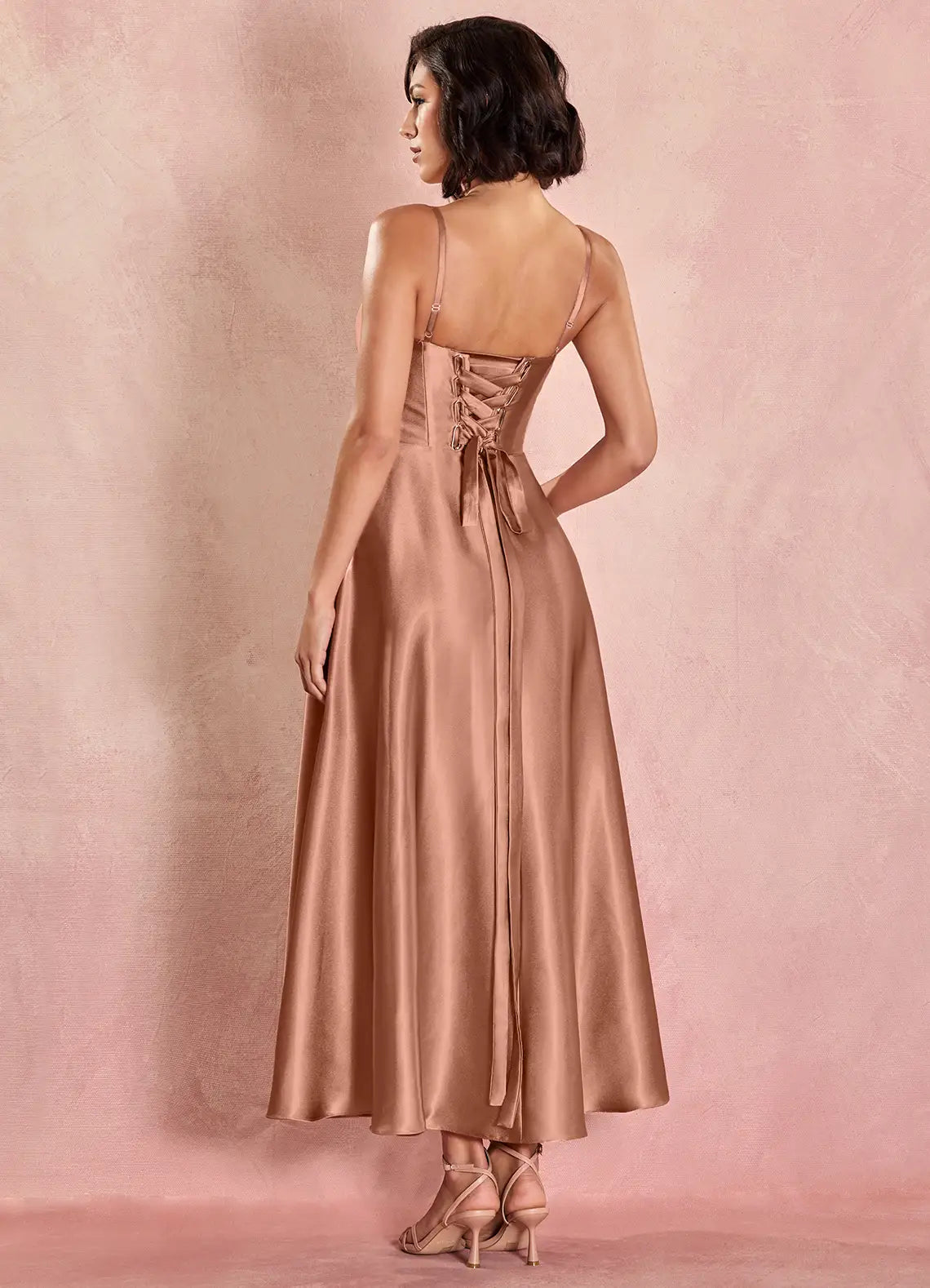 Dusty Rose Midi Spaghetti Strap Square Neck Lace-Up Back Satin Bridesmaid Dress