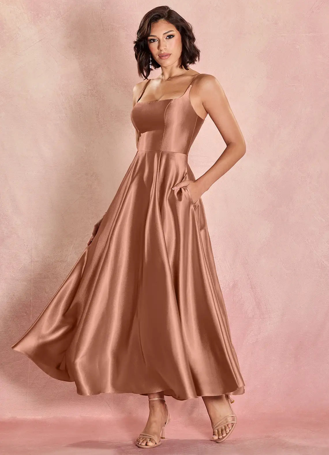 Dusty Rose Midi Spaghetti Strap Square Neck Lace-Up Back Satin Bridesmaid Dress