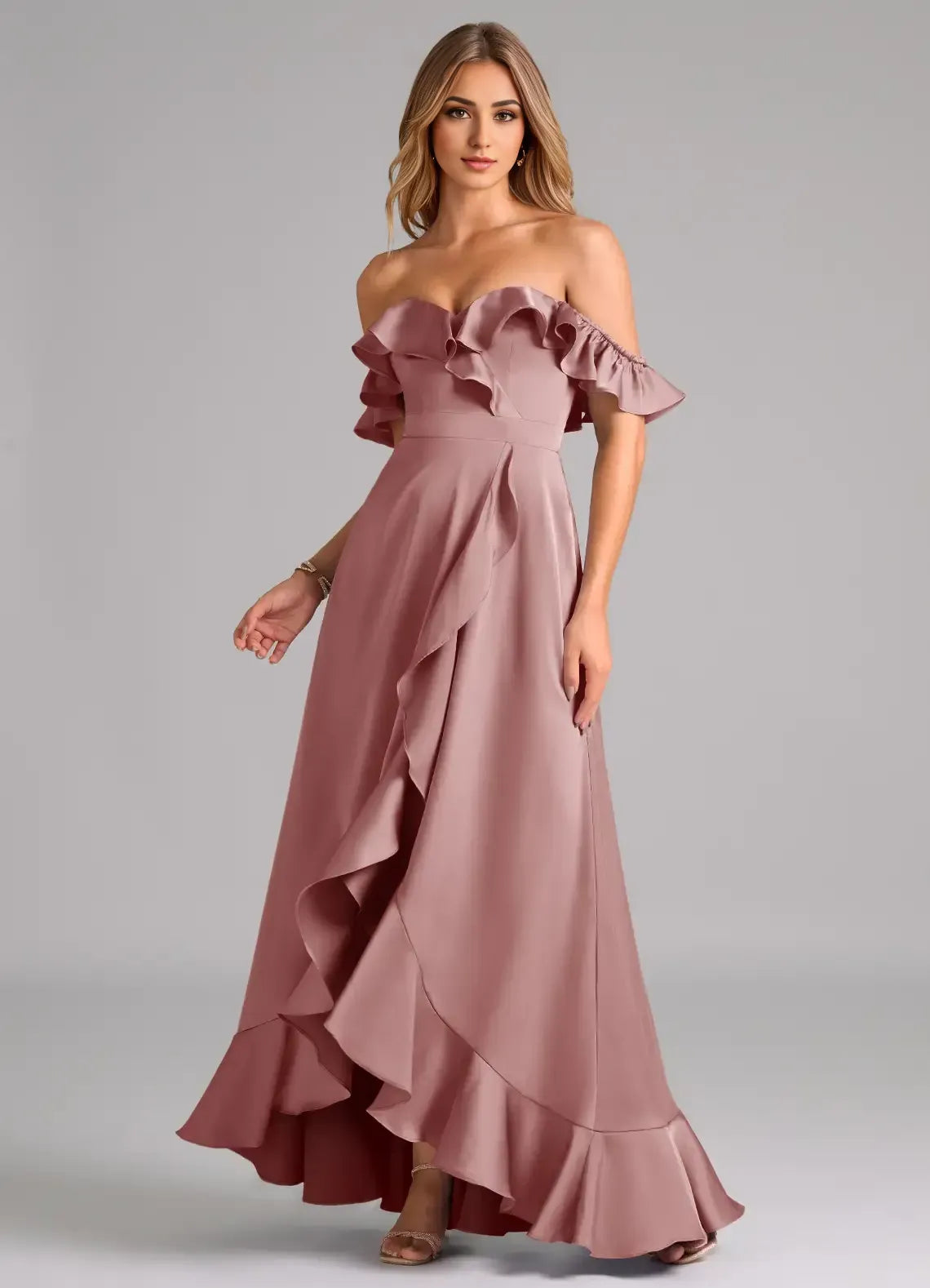 Dusty Rose Off Shoulder Ruffle High Low Asymmetrical Hem Floor Length Satin Bridesmaid Dress