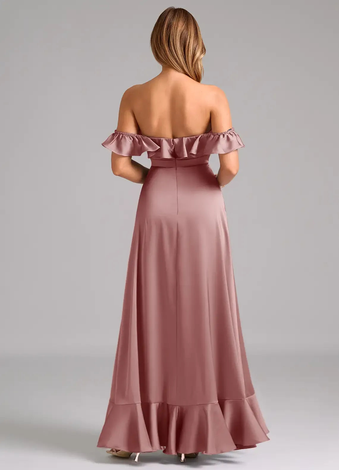 Dusty Rose Off Shoulder Ruffle High Low Asymmetrical Hem Floor Length Satin Bridesmaid Dress