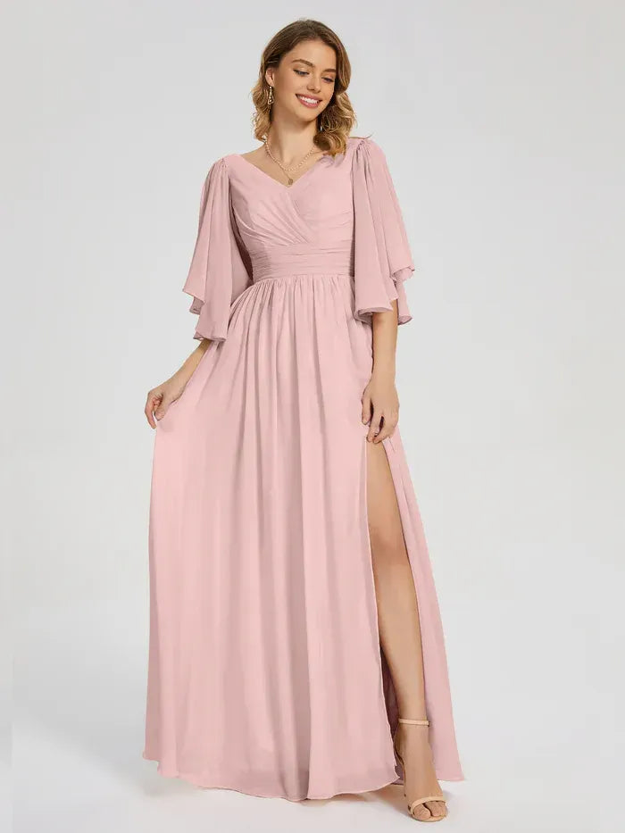 Dusty Rose V Neck Flutter Short Sleeve Lace Up Back High Slit Floor Length A Line Chiffon Bridesmaid Dress