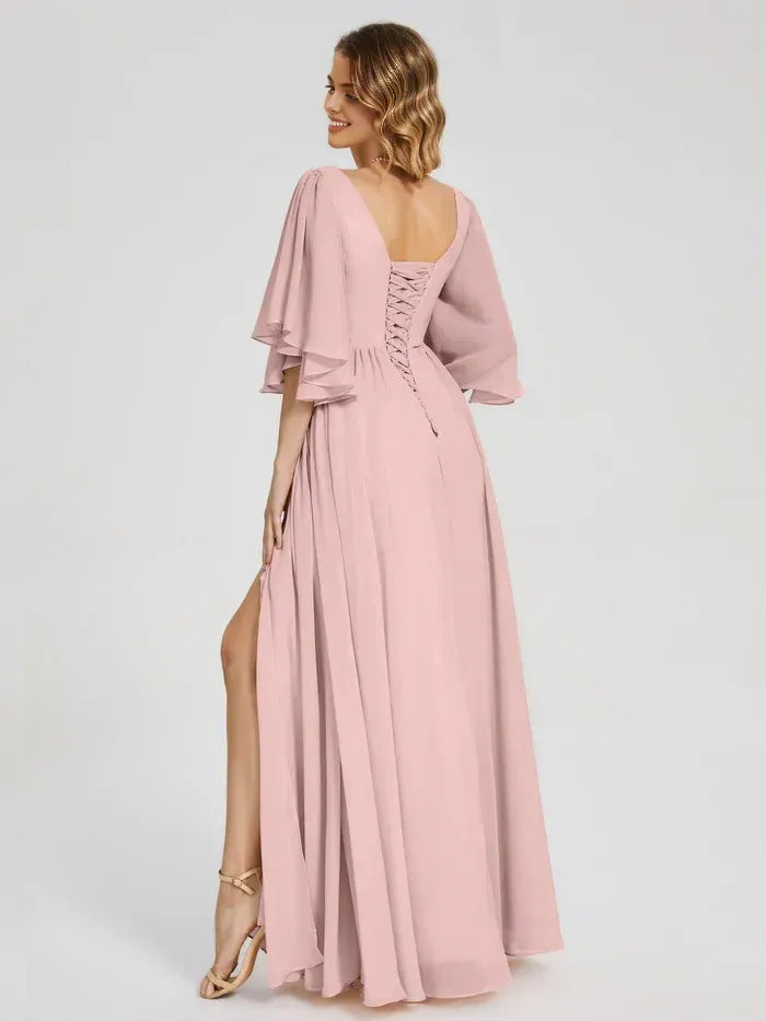 Dusty Rose V Neck Flutter Short Sleeve Lace Up Back High Slit Floor Length A Line Chiffon Bridesmaid Dress
