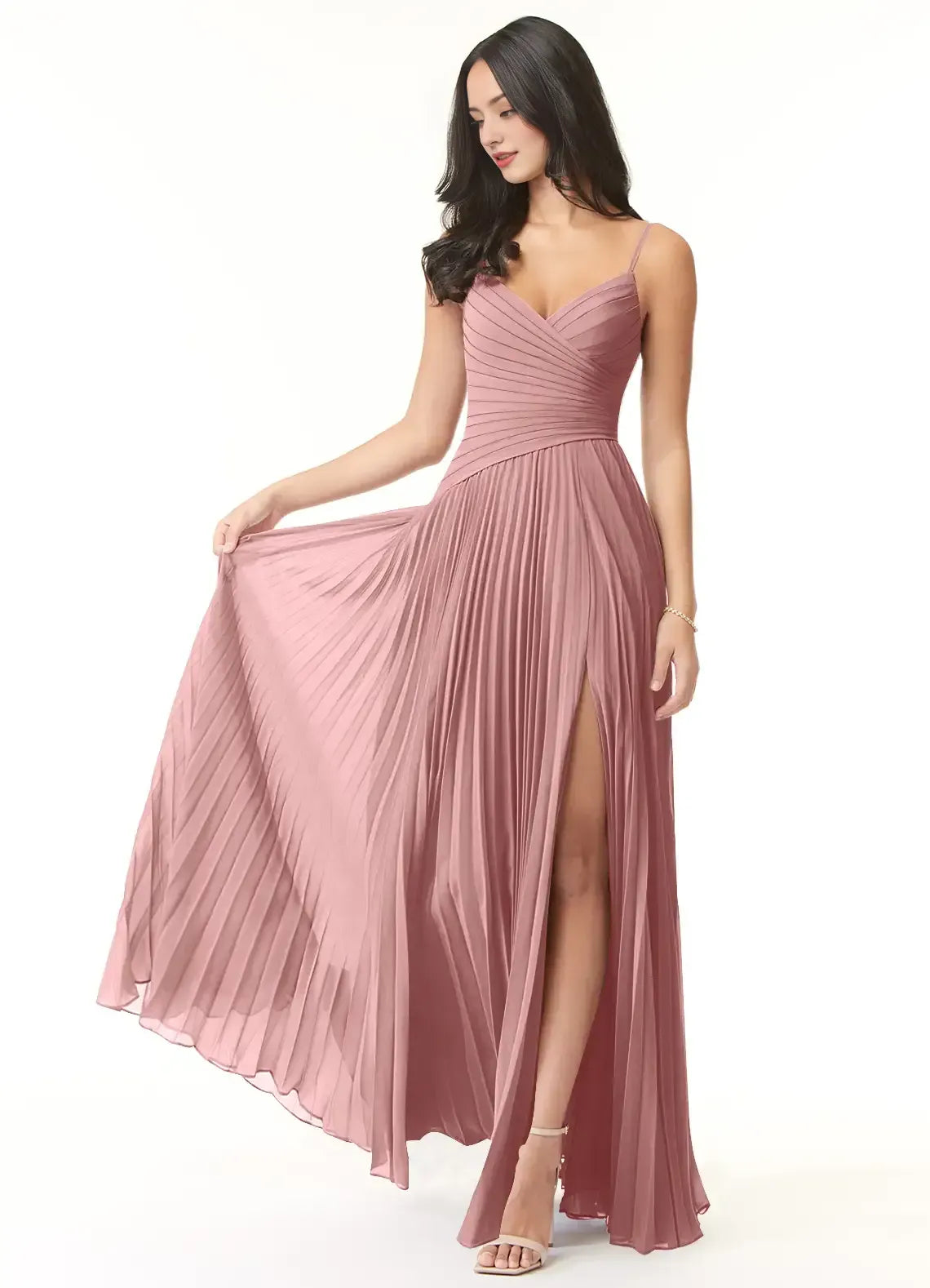 Dusty Rose V Neck Spaghetti Strap All Over Pleated High Slit Floor Length A Line Chiffon Bridesmaid Dress