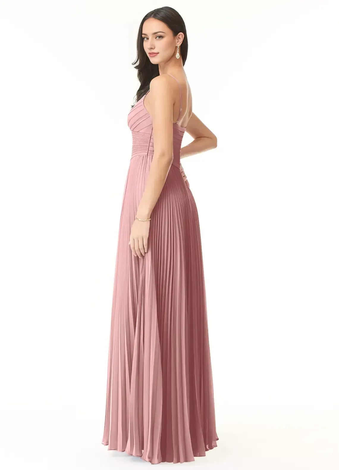 Dusty Rose V Neck Spaghetti Strap All Over Pleated High Slit Floor Length A Line Chiffon Bridesmaid Dress