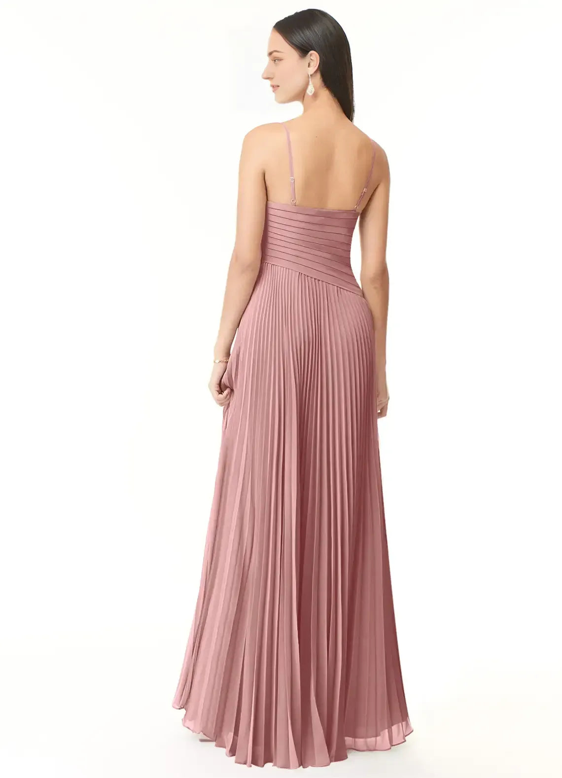 Dusty Rose V Neck Spaghetti Strap All Over Pleated High Slit Floor Length A Line Chiffon Bridesmaid Dress