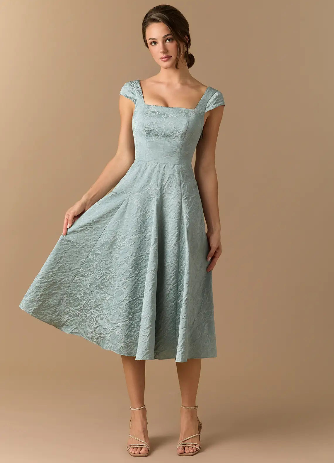Dusty Sage Square Cap Sleeve Jacquard Lace-Up Back A-Line Midi Wedding Guest Dress