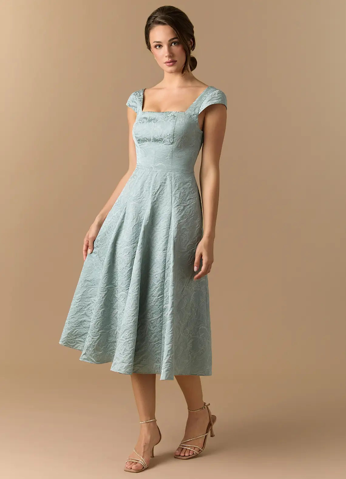 Dusty Sage Square Cap Sleeve Jacquard Lace-Up Back A-Line Midi Wedding Guest Dress