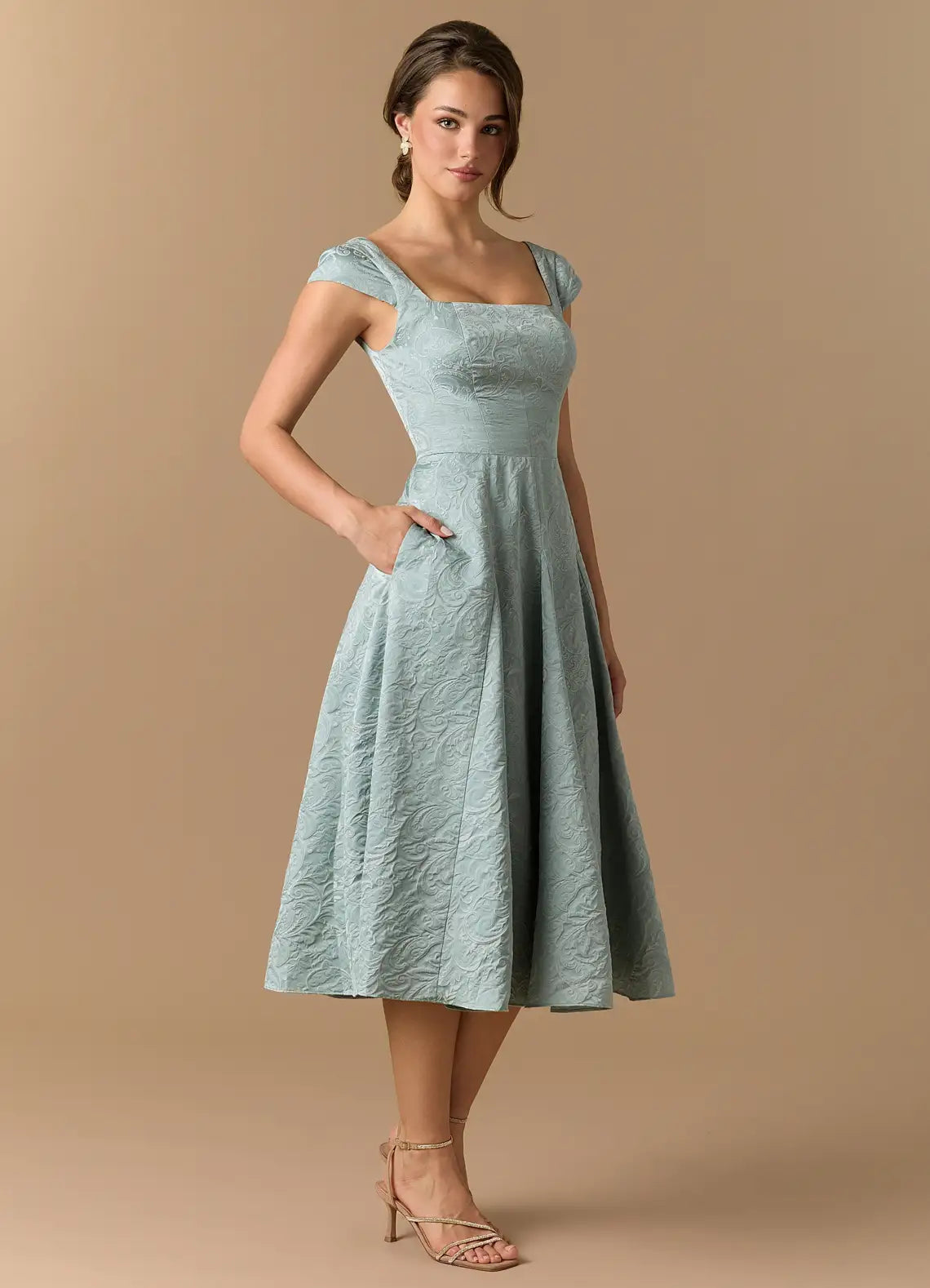 Dusty Sage Square Cap Sleeve Jacquard Lace-Up Back A-Line Midi Wedding Guest Dress