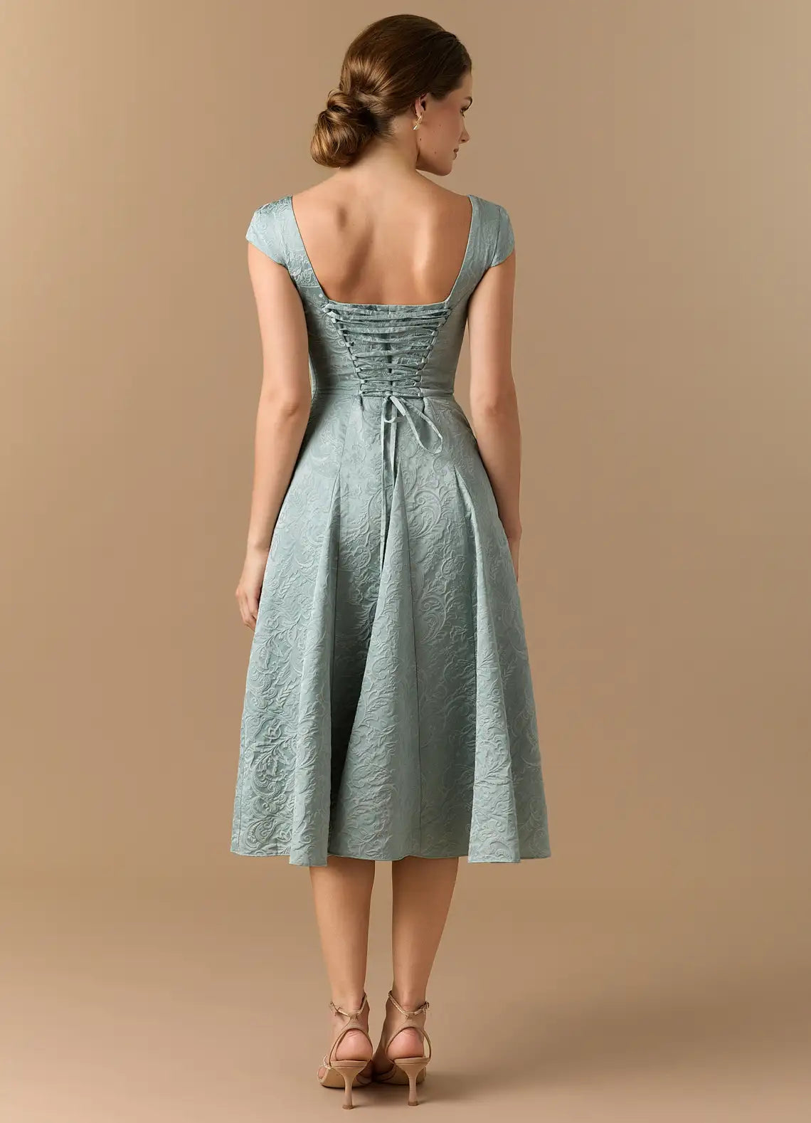 Dusty Sage Square Cap Sleeve Jacquard Lace-Up Back A-Line Midi Wedding Guest Dress