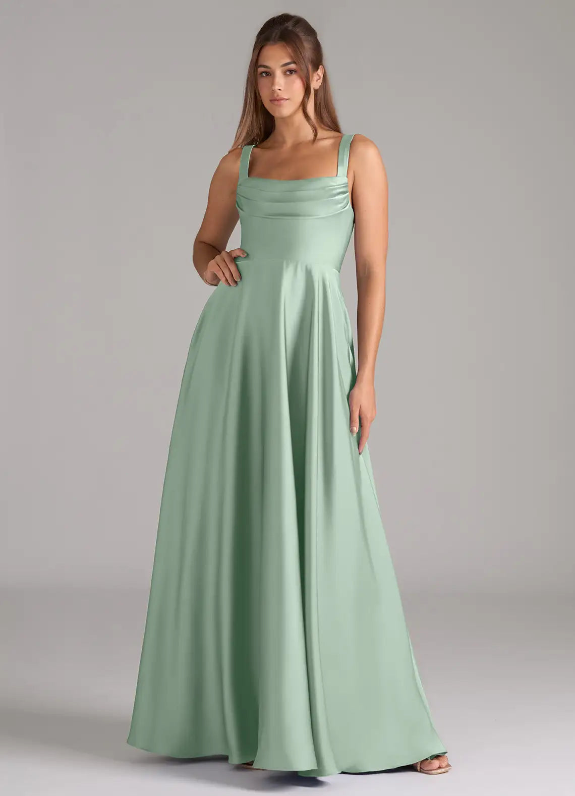 Dusty Sage Square Cowl Spaghetti Strap Pocket A-Line Satin Maxi Bridesmaid Dress
