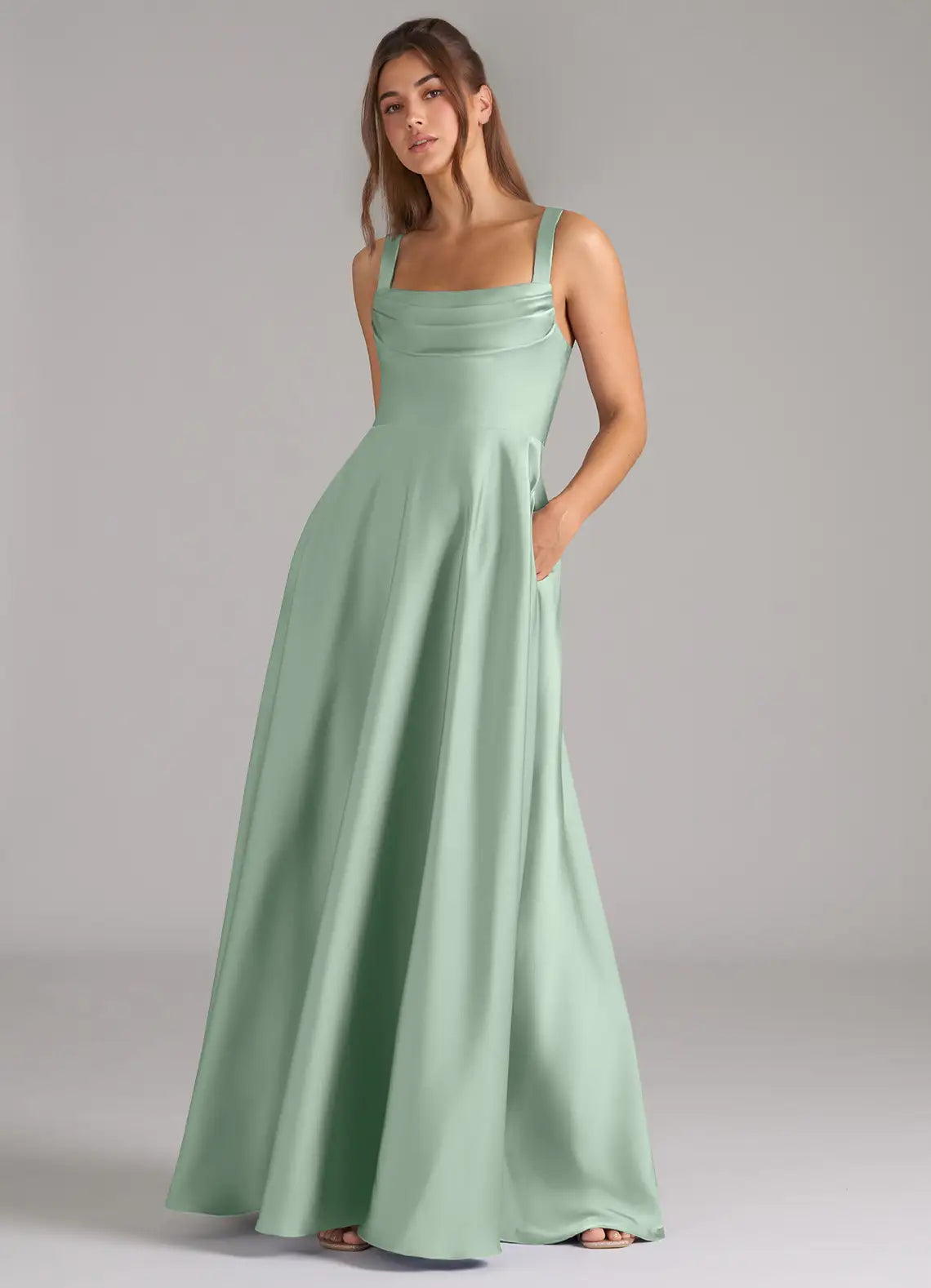 Dusty Sage Square Cowl Spaghetti Strap Pocket A-Line Satin Maxi Bridesmaid Dress