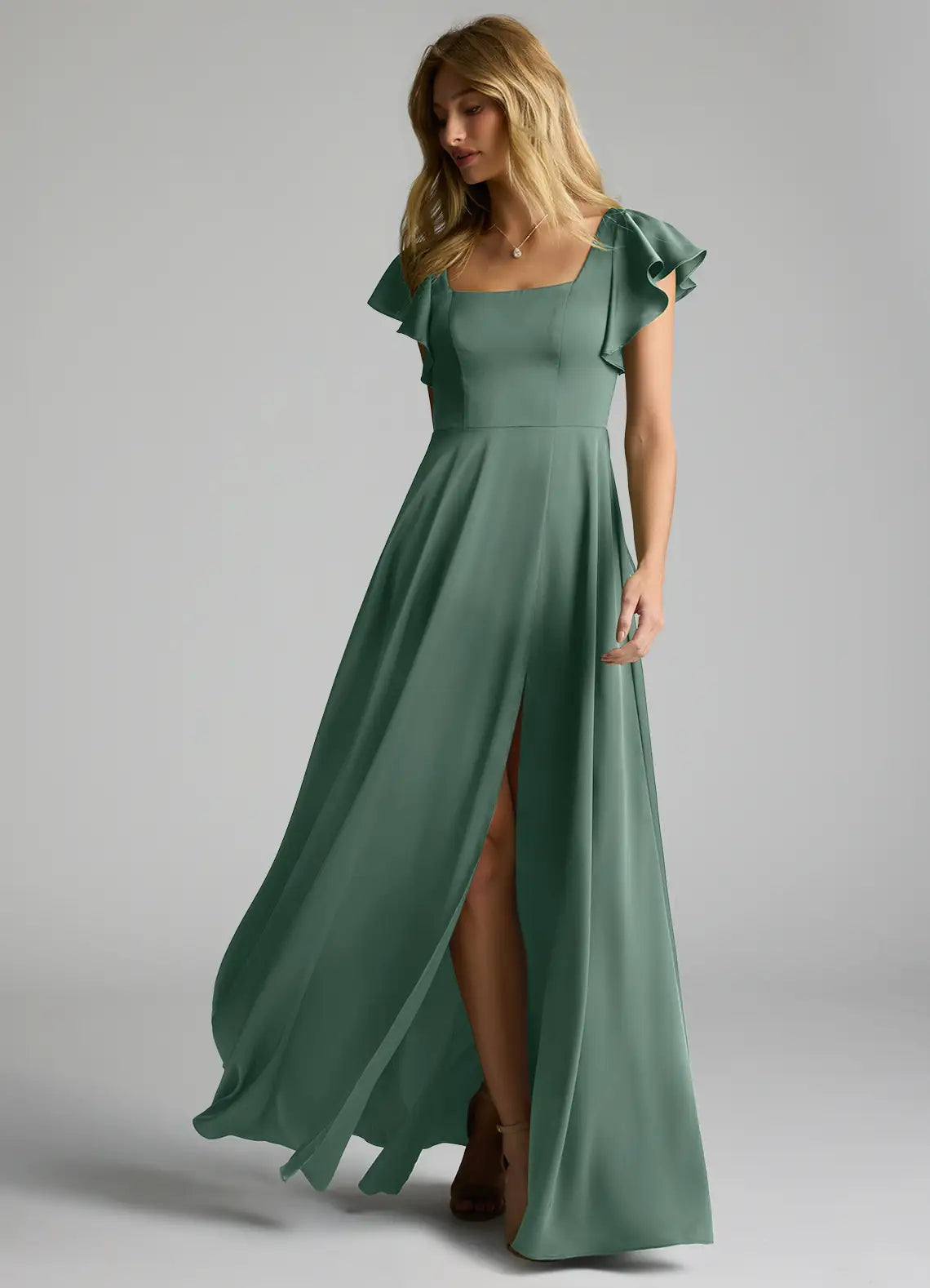 Dusty Sage Square Neck Ruffle Short Sleeve Tie Back High Slit Satin Maxi Bridesmaid Dress