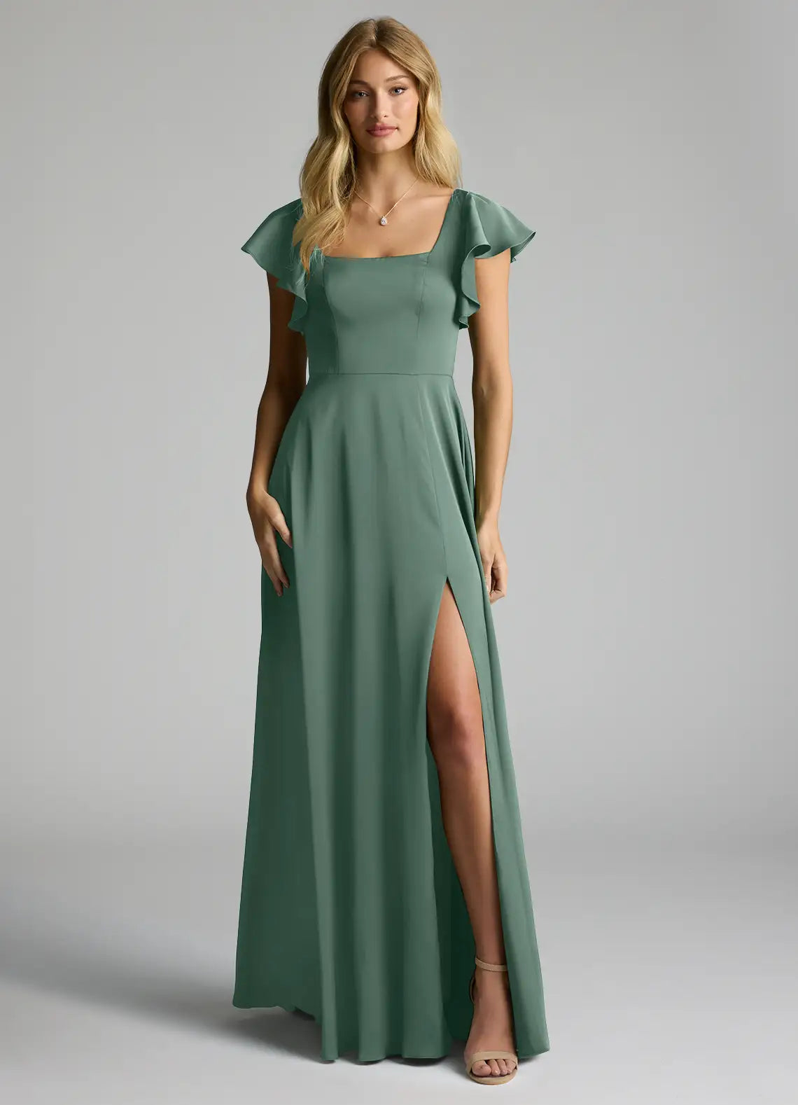 Dusty Sage Square Neck Ruffle Short Sleeve Tie Back High Slit Satin Maxi Bridesmaid Dress