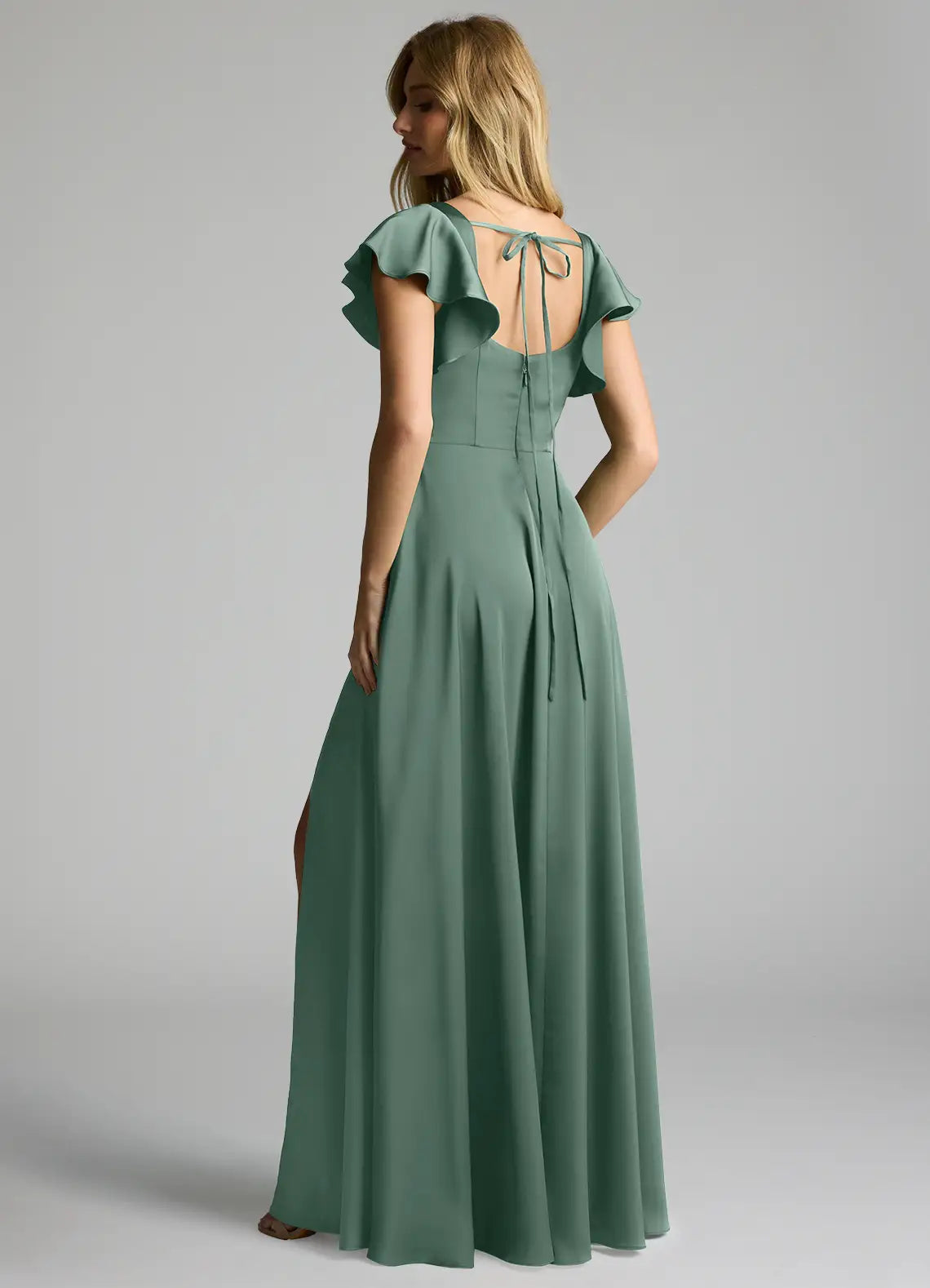 Dusty Sage Square Neck Ruffle Short Sleeve Tie Back High Slit Satin Maxi Bridesmaid Dress