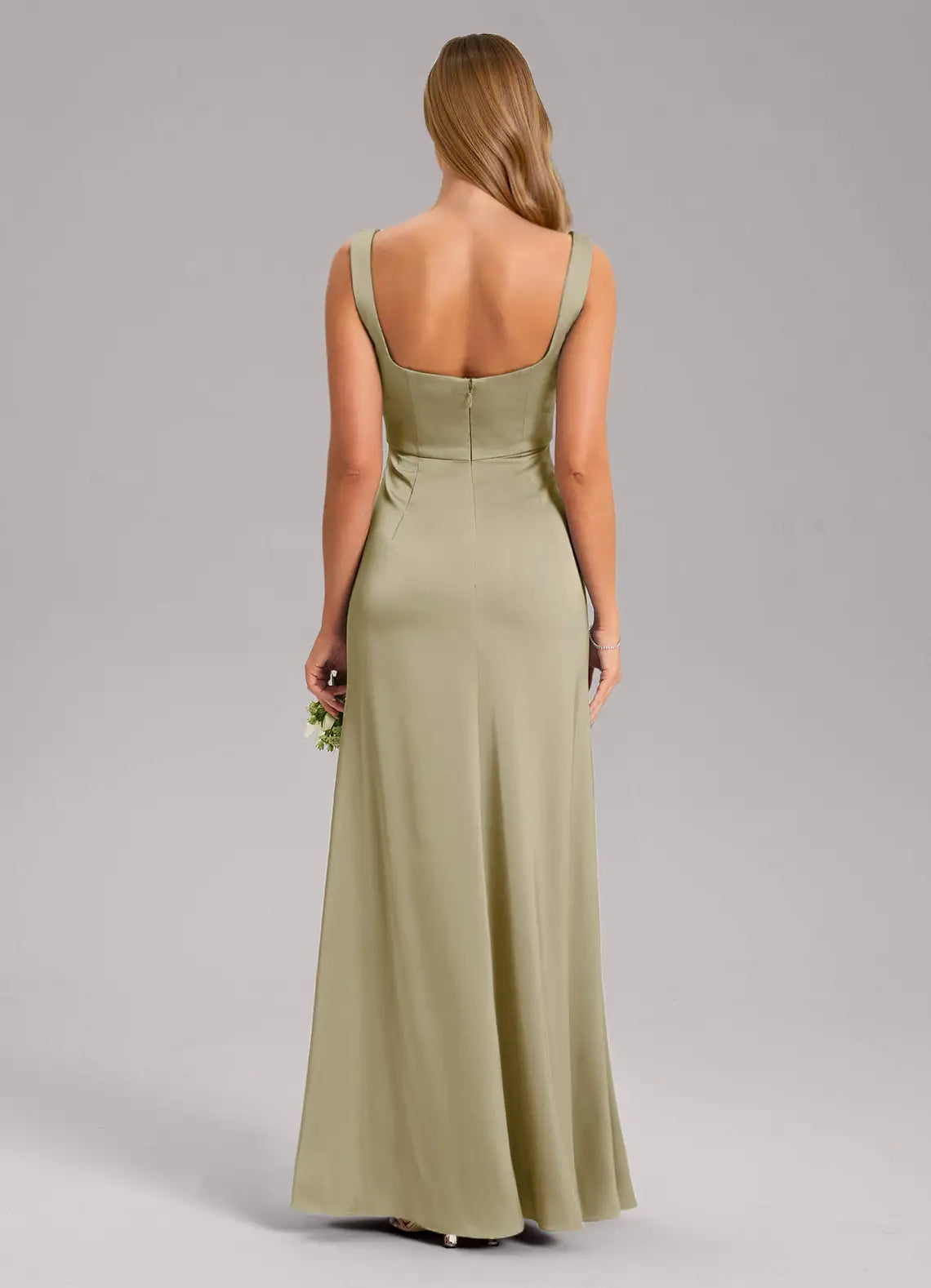 Dusty Sage Square Tie Strap High Slit Mermaid Satin Maxi Bridesmaid Dress