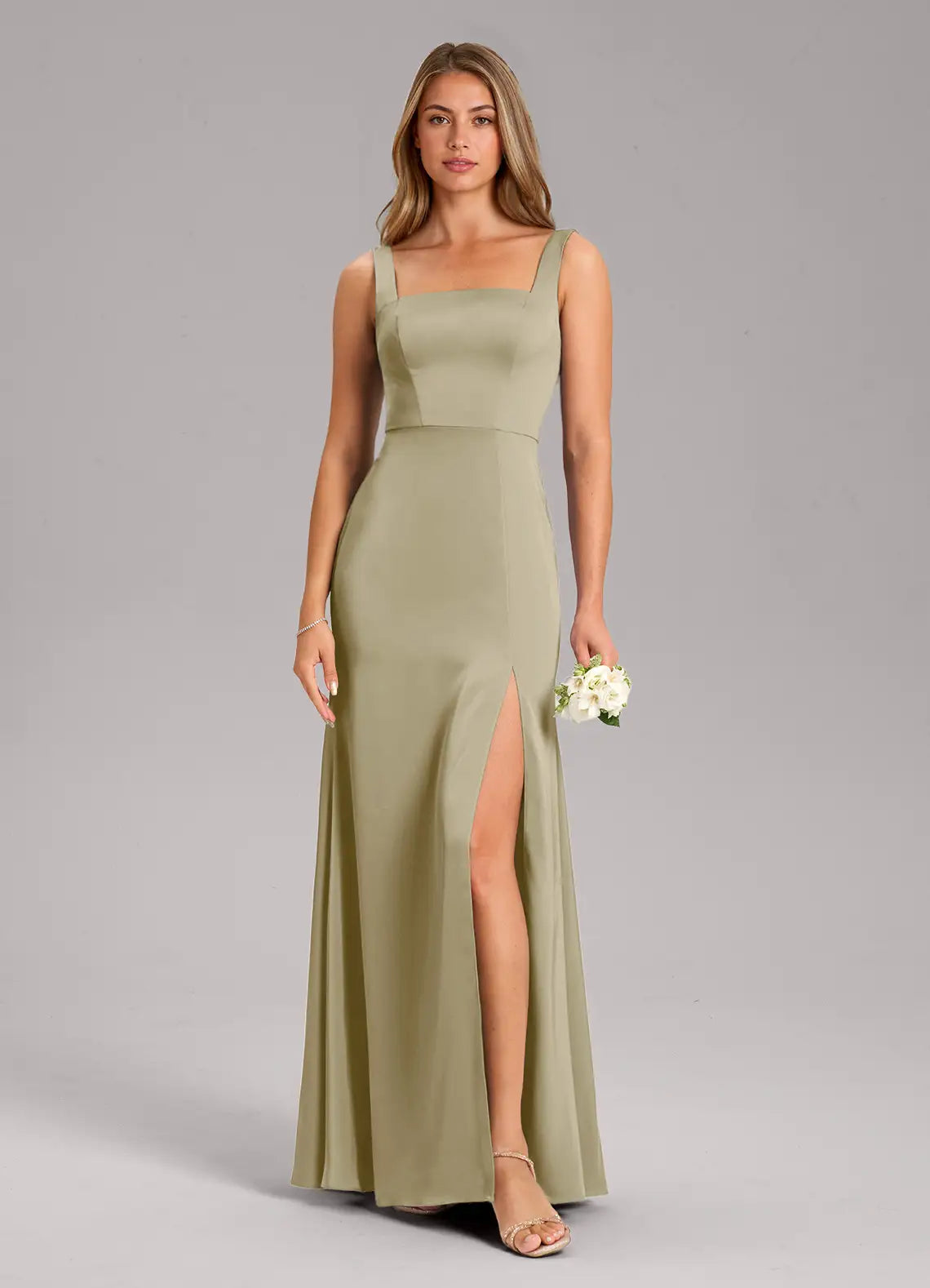 Dusty Sage Square Tie Strap High Slit Mermaid Satin Maxi Bridesmaid Dress