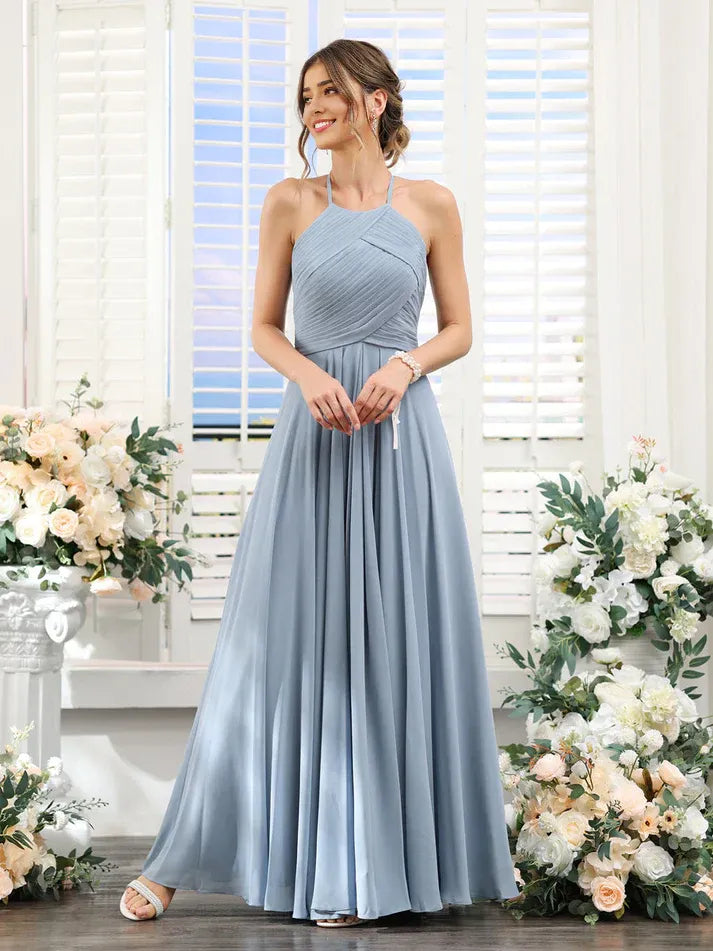 Dusty‑Blue Chiffon Halter Pleated Keyhole‑Back A‑Line Bridesmaid Dresses