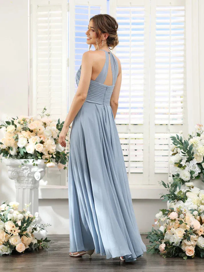 Dusty‑Blue Chiffon Halter Pleated Keyhole‑Back A‑Line Bridesmaid Dresses