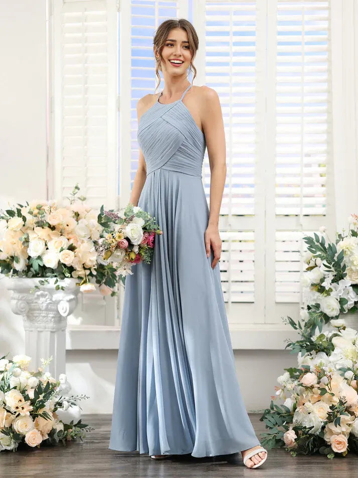 Dusty‑Blue Chiffon Halter Pleated Keyhole‑Back A‑Line Bridesmaid Dresses