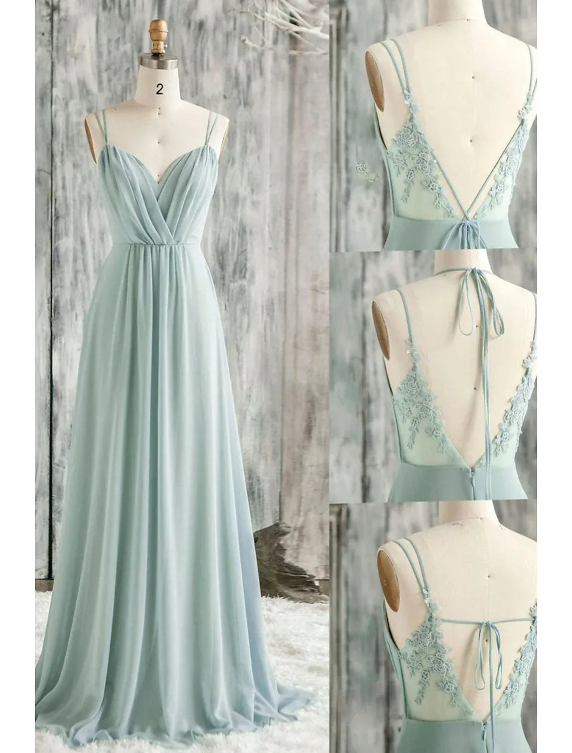 Dusty‑Blue Chiffon Lace‑Trim Double‑Spaghetti‑Strap Tie‑Back A‑Line Bridesmaid Dresses