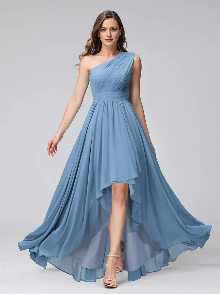 Dusty‑Blue Chiffon One‑Shoulder Pleated‑Bodice High‑Low Pocketed A‑Line Bridesmaid Dresses