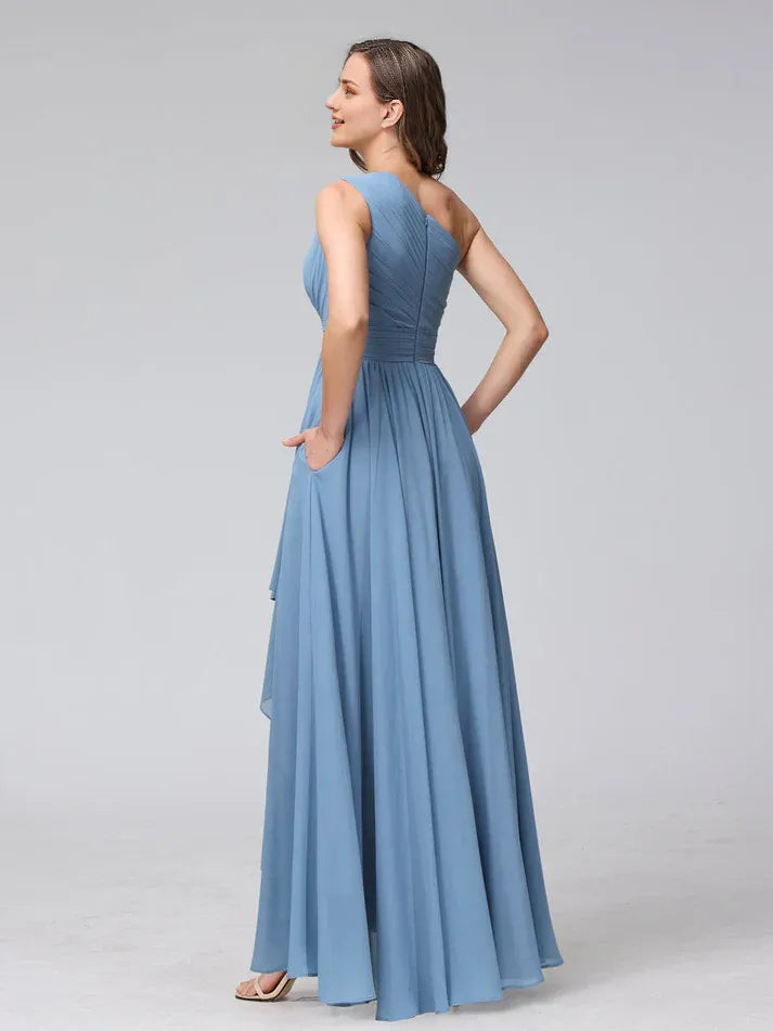 Dusty‑Blue Chiffon One‑Shoulder Pleated‑Bodice High‑Low Pocketed A‑Line Bridesmaid Dresses