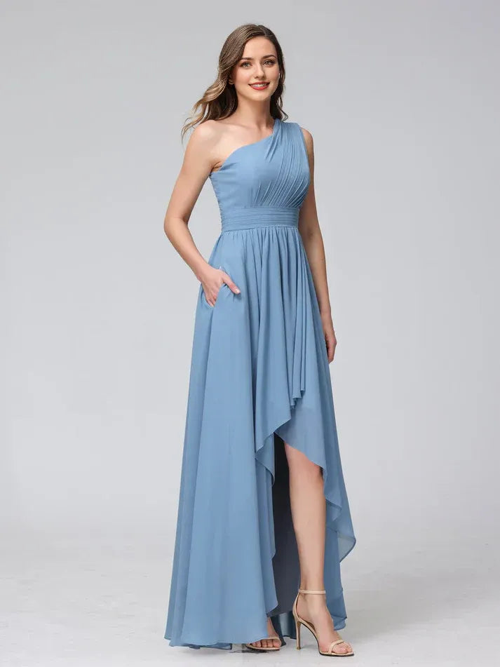 Dusty‑Blue Chiffon One‑Shoulder Pleated‑Bodice High‑Low Pocketed A‑Line Bridesmaid Dresses