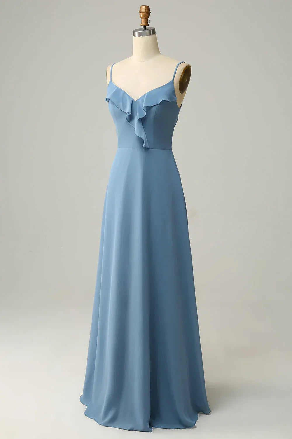 Dusty‑Blue Chiffon Ruffle‑Trim Spaghetti‑Strap Crisscross‑Back A‑Line Bridesmaid Dresses