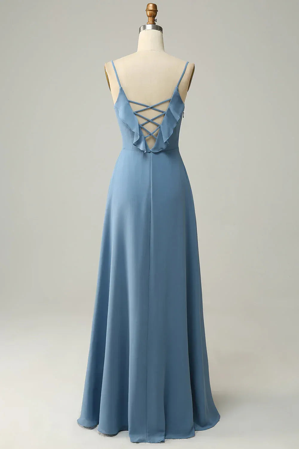 Dusty‑Blue Chiffon Ruffle‑Trim Spaghetti‑Strap Crisscross‑Back A‑Line Bridesmaid Dresses